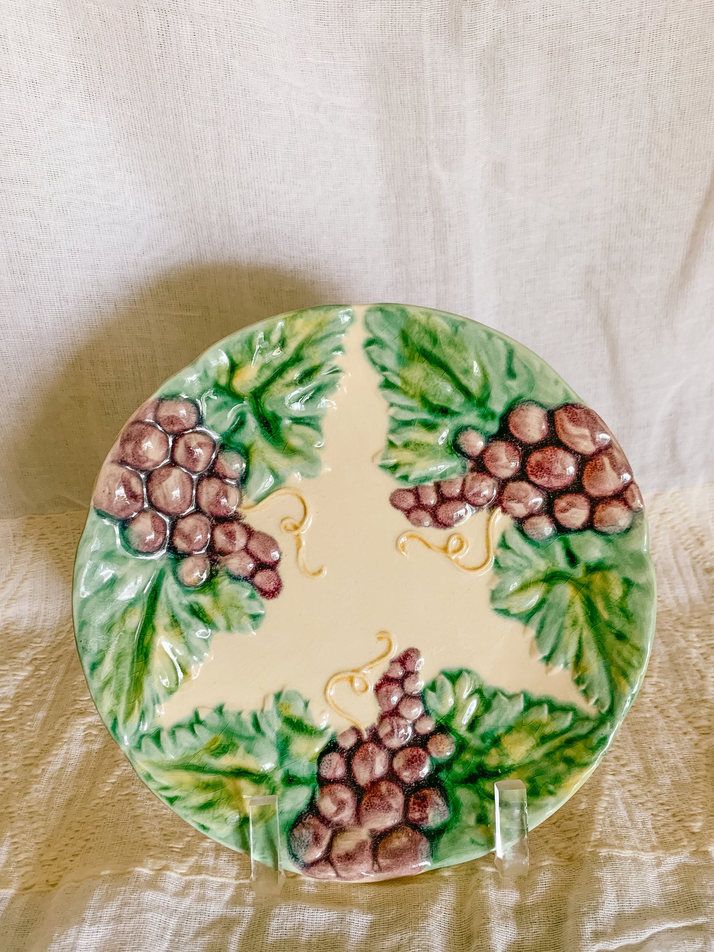 Antique French Majolica Plate With Vines and Grapes