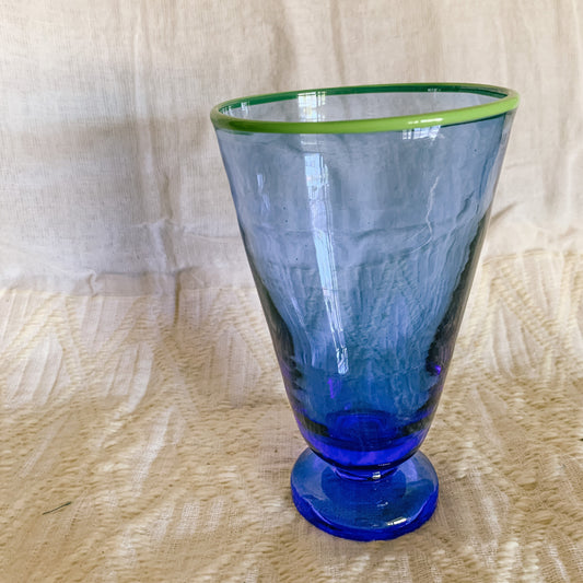 Cobalt Blue and green rimmed blown glass vessel