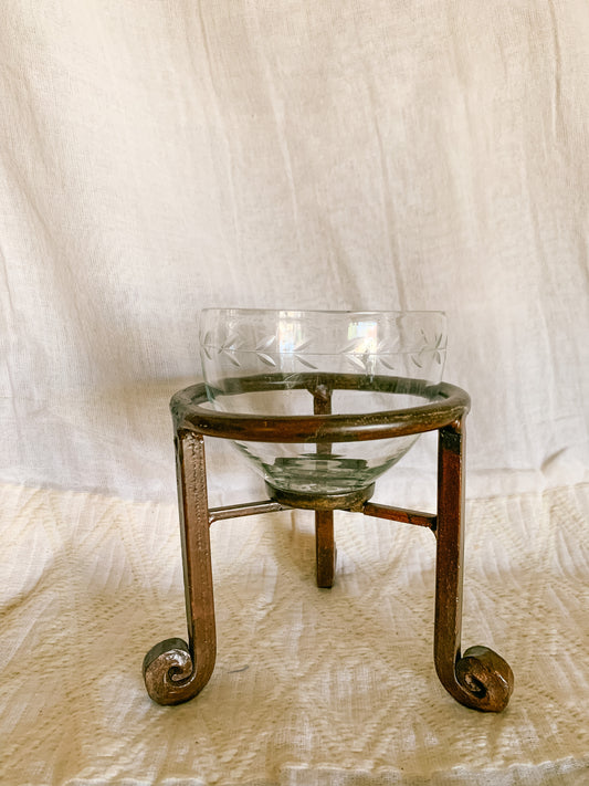 Etched Glass Bowl and Iron Stand