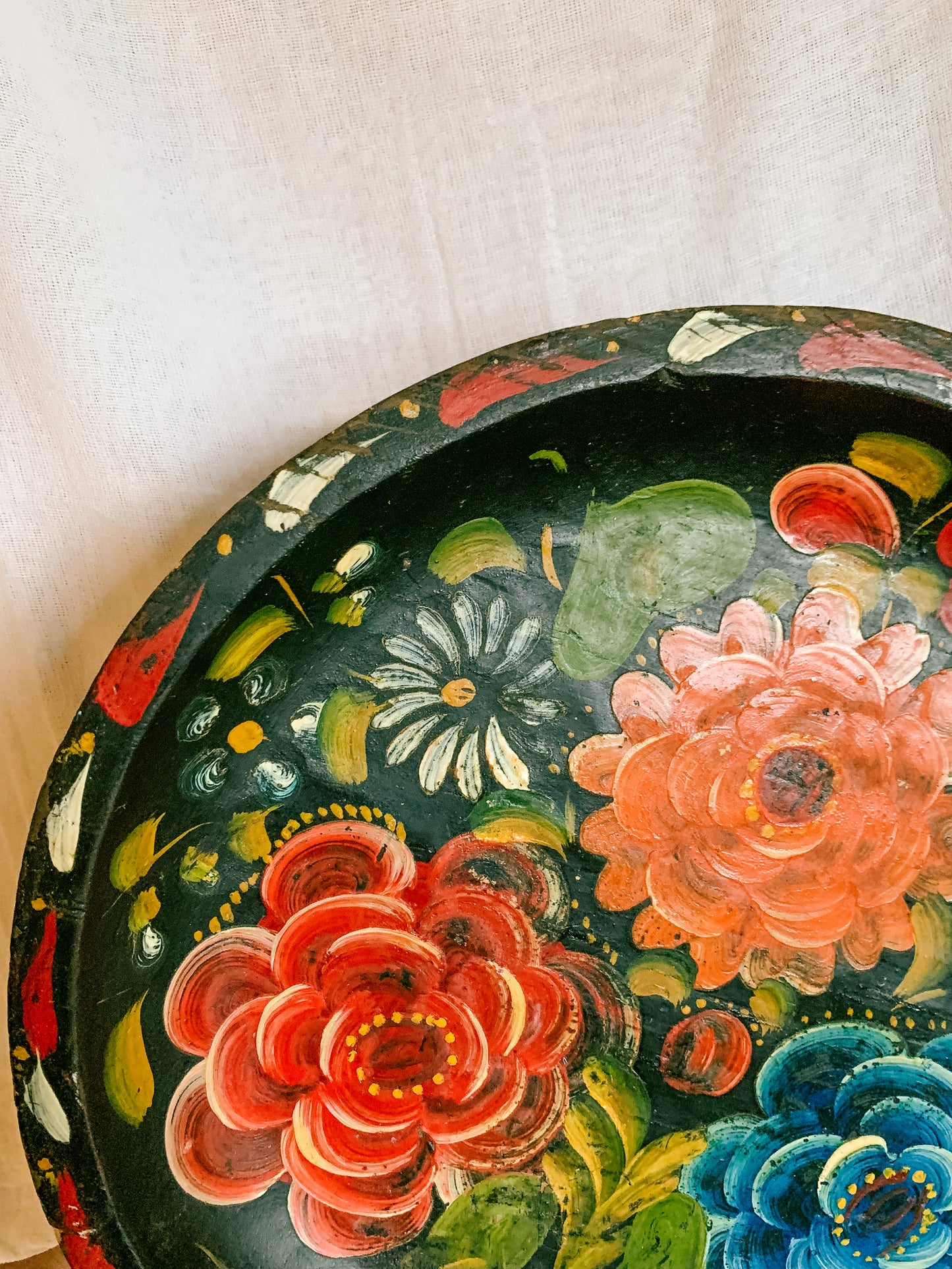 Vintage Hand Painted Mexican Batea Flower Bowl