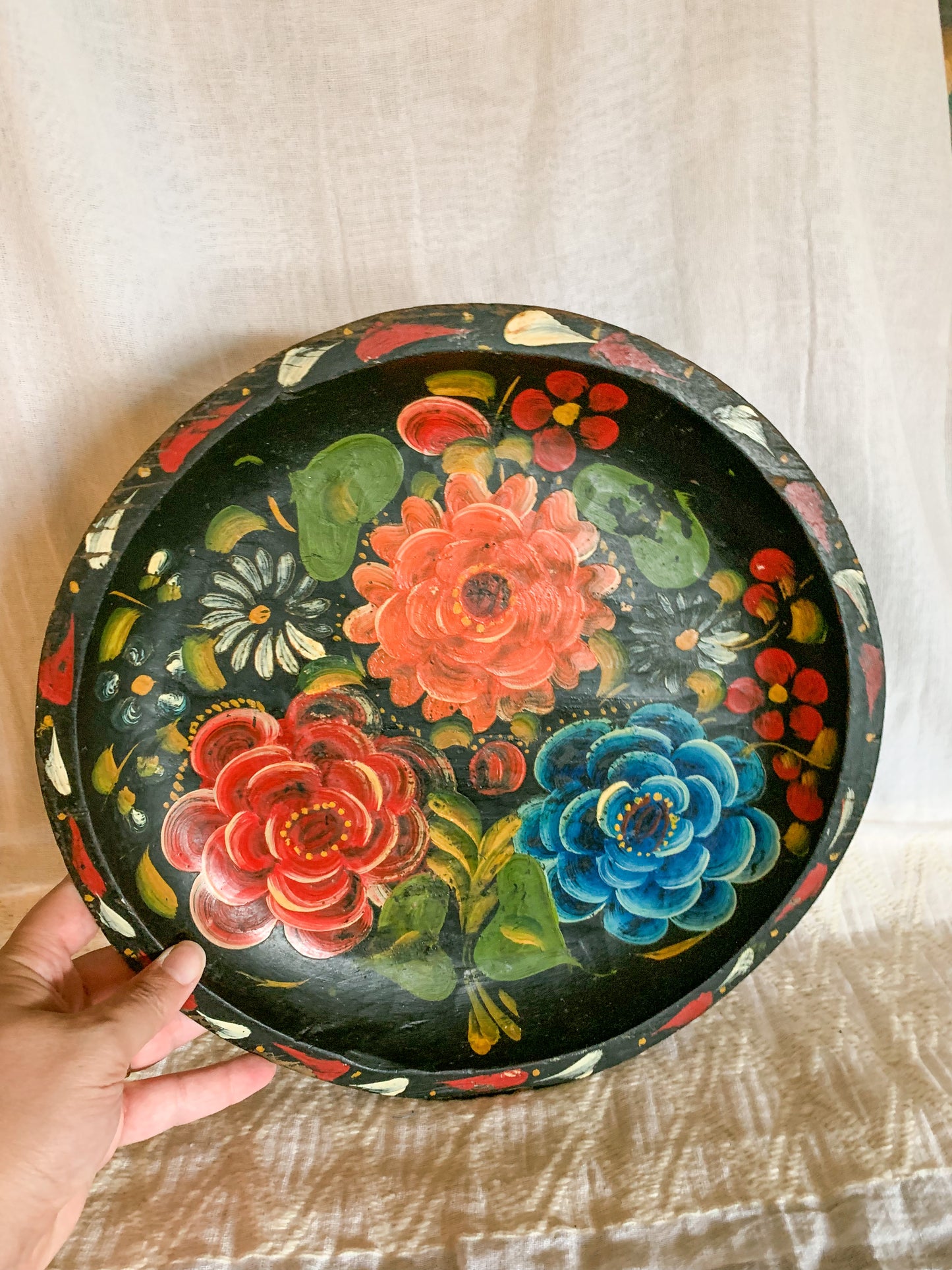 Vintage Hand Painted Mexican Batea Flower Bowl