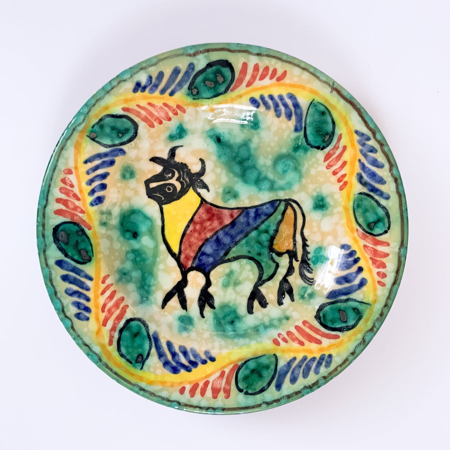 Signed Picasso Style Mid-Century Spanish Majolica Bull Plate