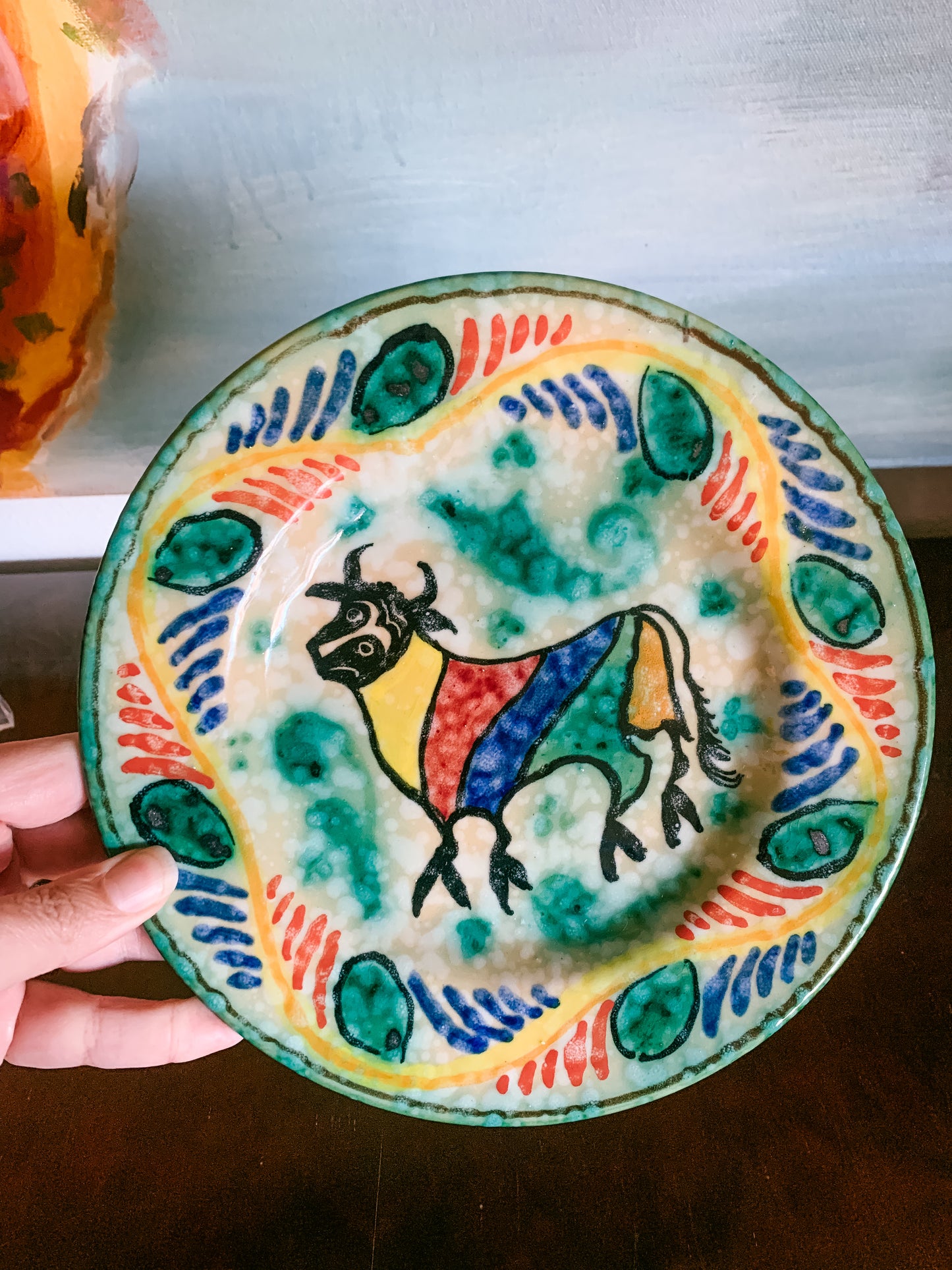 Signed Picasso Style Mid-Century Spanish Majolica Bull Plate