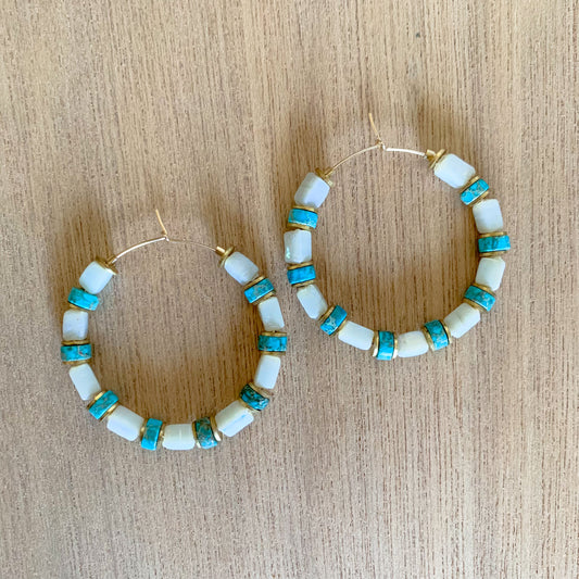 White and Turquoise Hoop Earrings