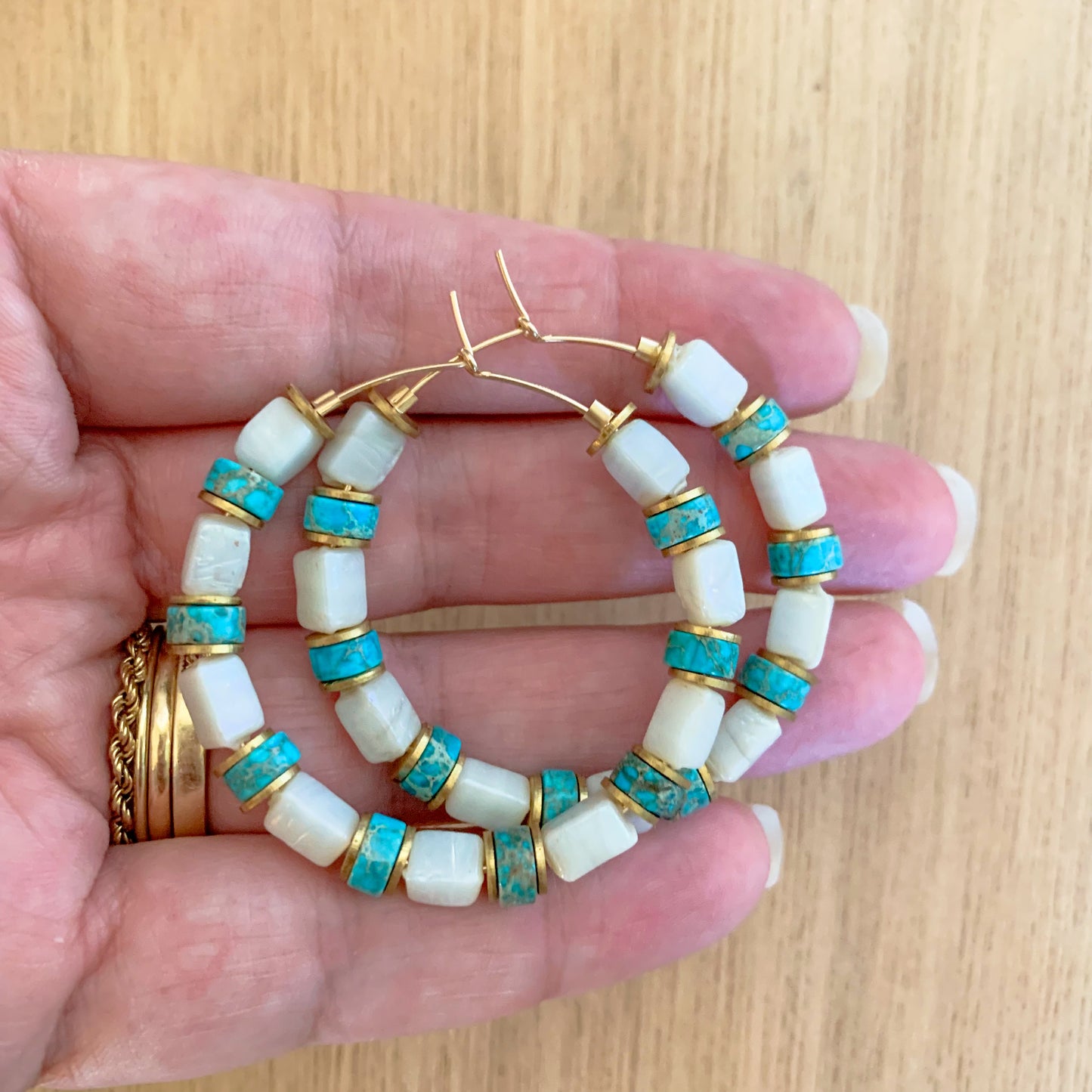 White and Turquoise Hoop Earrings