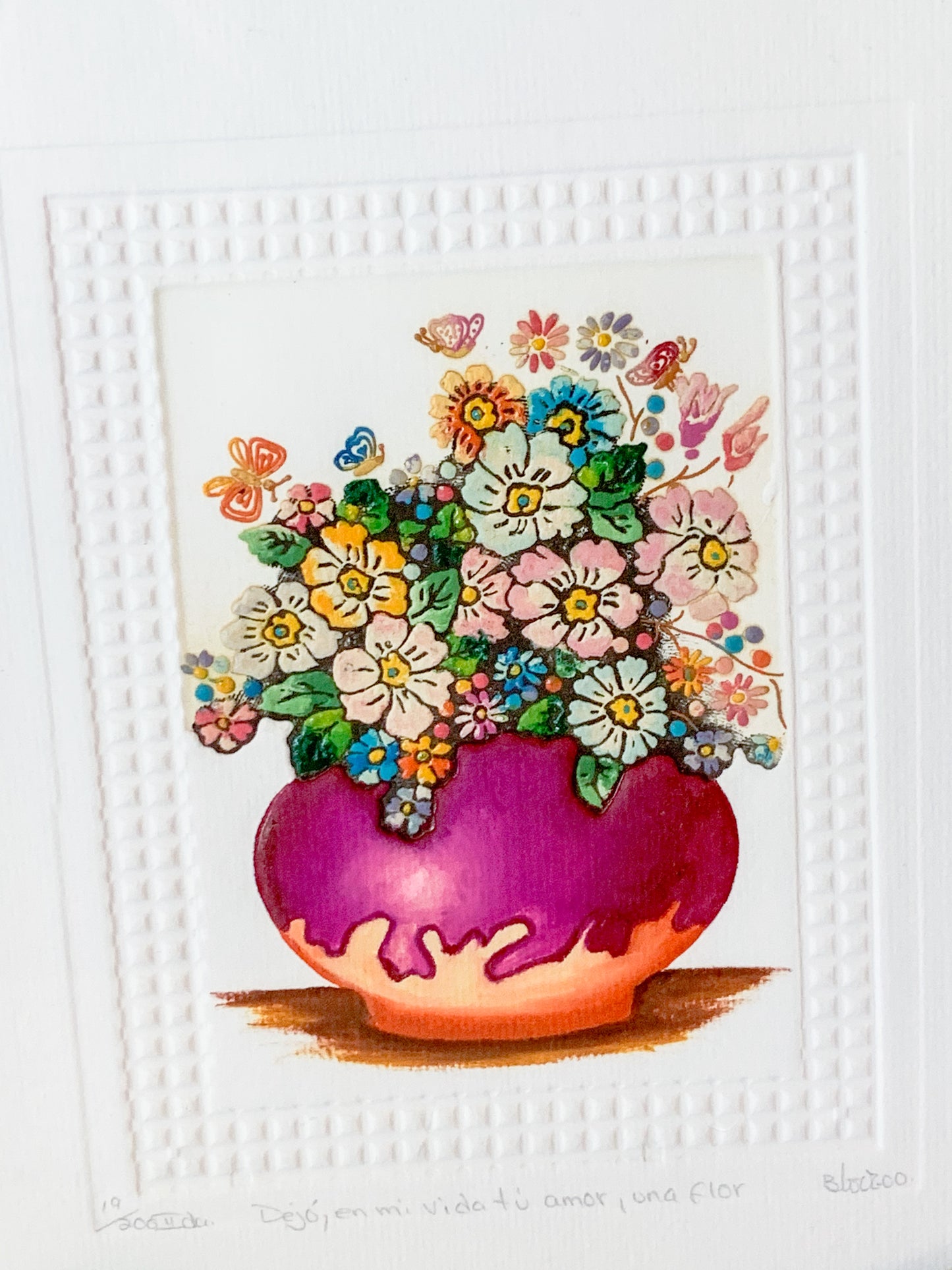 Original Hand Painted Floral Intaglio Print