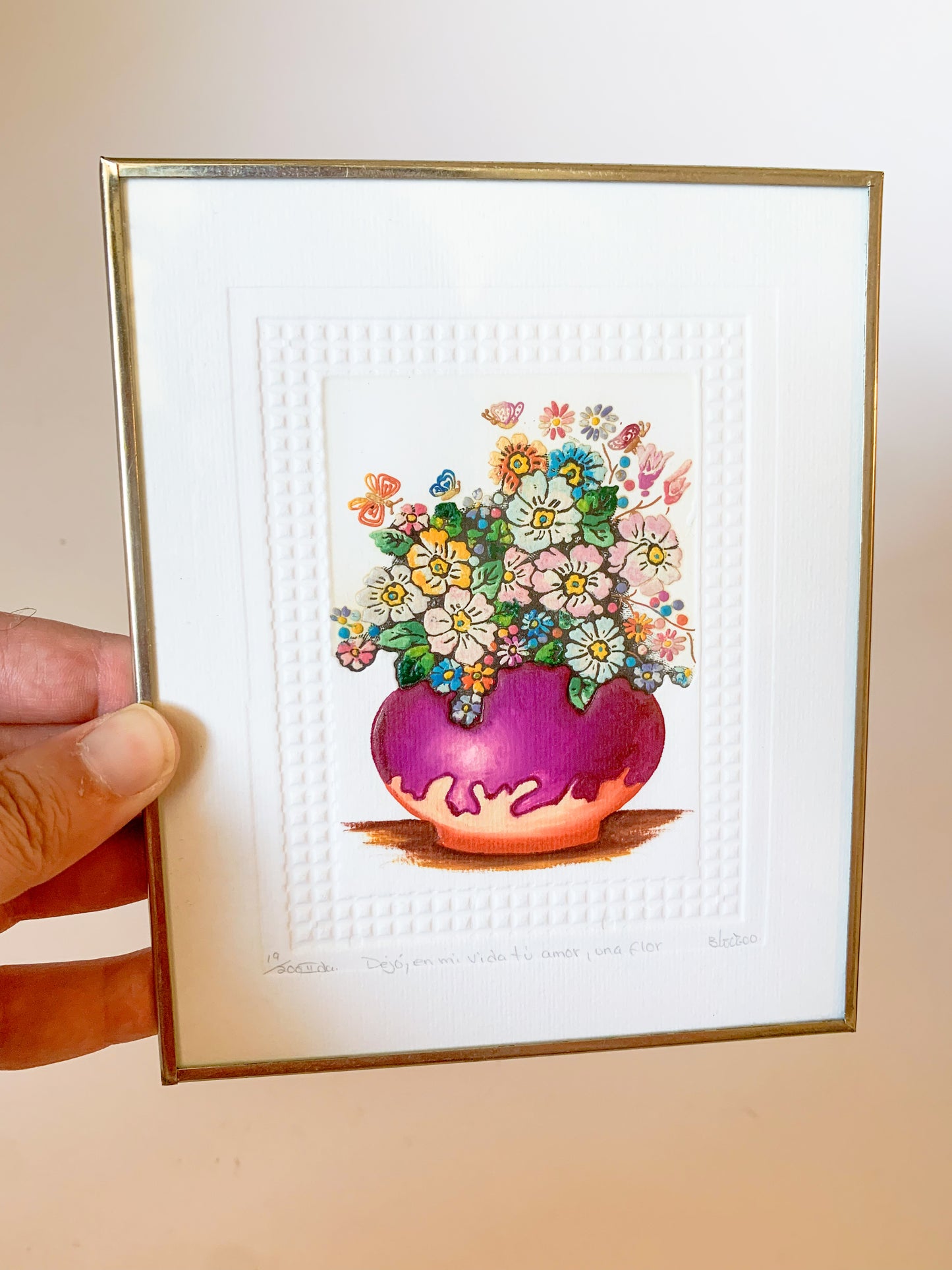 Original Hand Painted Floral Intaglio Print