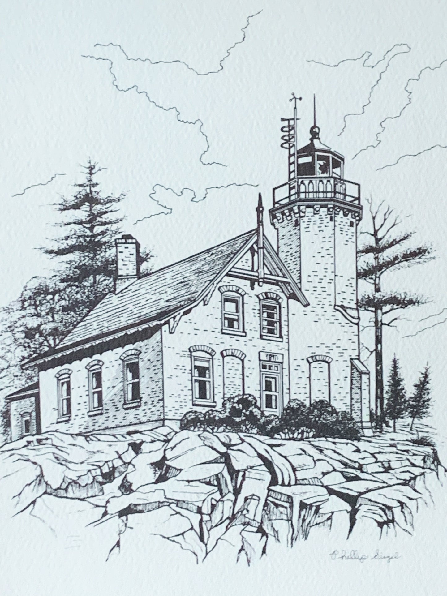 Framed Print of Eagle Bluff Lighthouse Line Drawing by Phillip Siegel