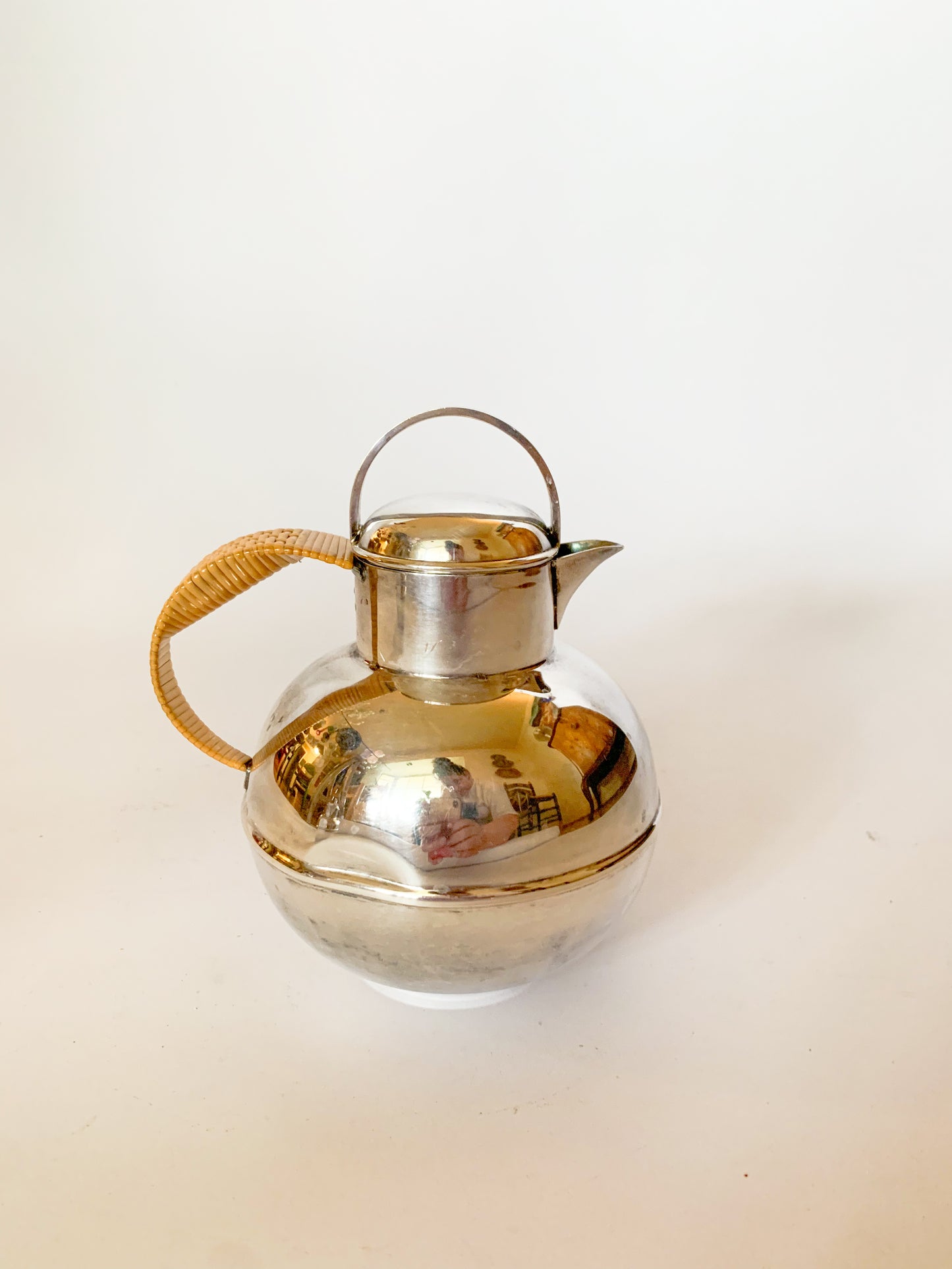 1930s Silver Plate and rattan creamer pitchers