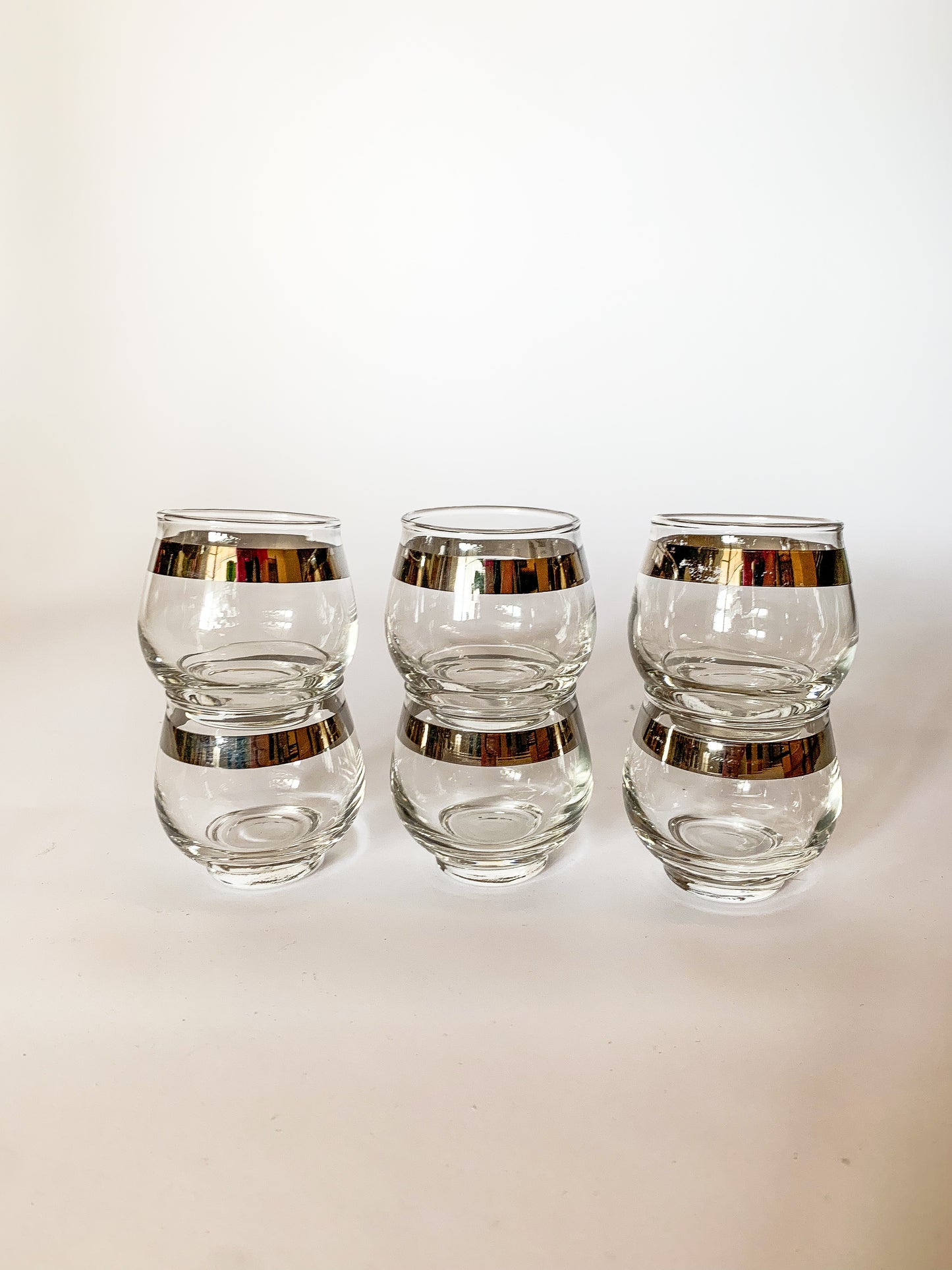 1960s Midcentury Libbey Glass Co Silver Banded roly poly cocktail glasses