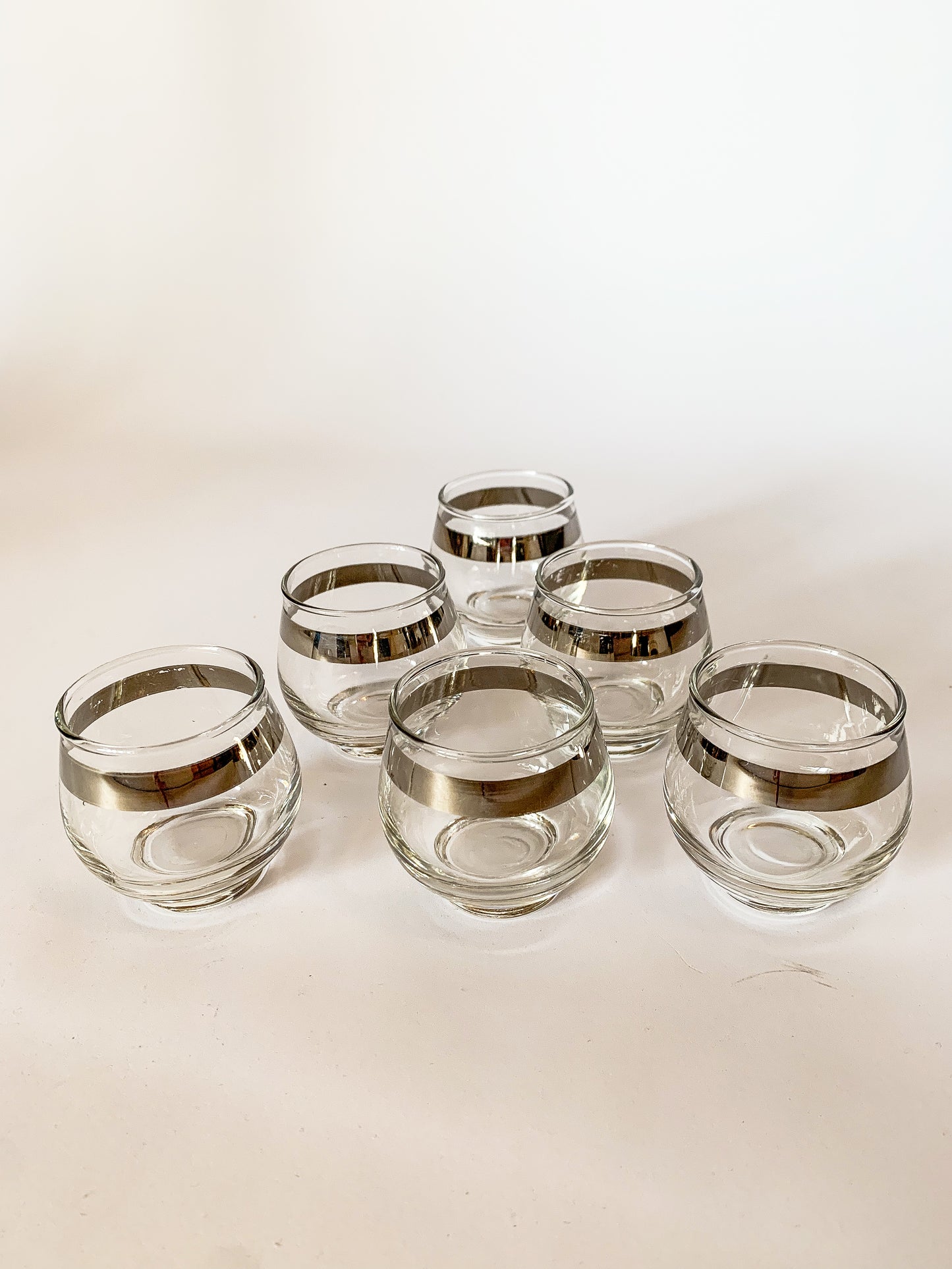 1960s Midcentury Libbey Glass Co Silver Banded roly poly cocktail glasses