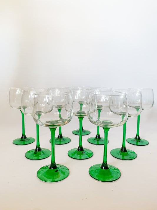 French Luminarc green stem wine glasses, sold in pairs