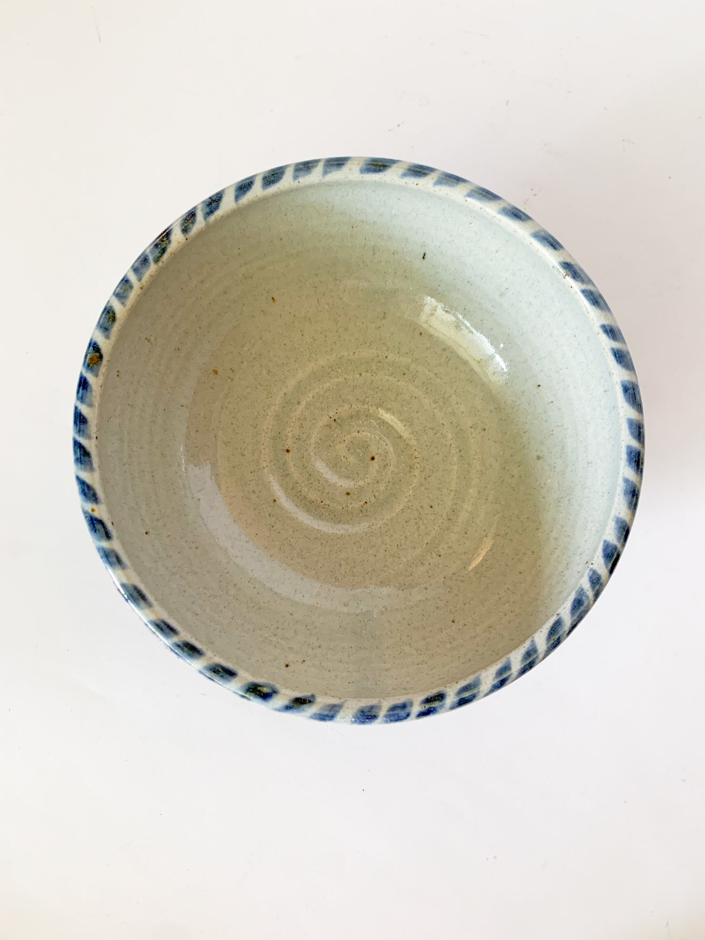 Studio Pottery Bowl with blue dash design on rim