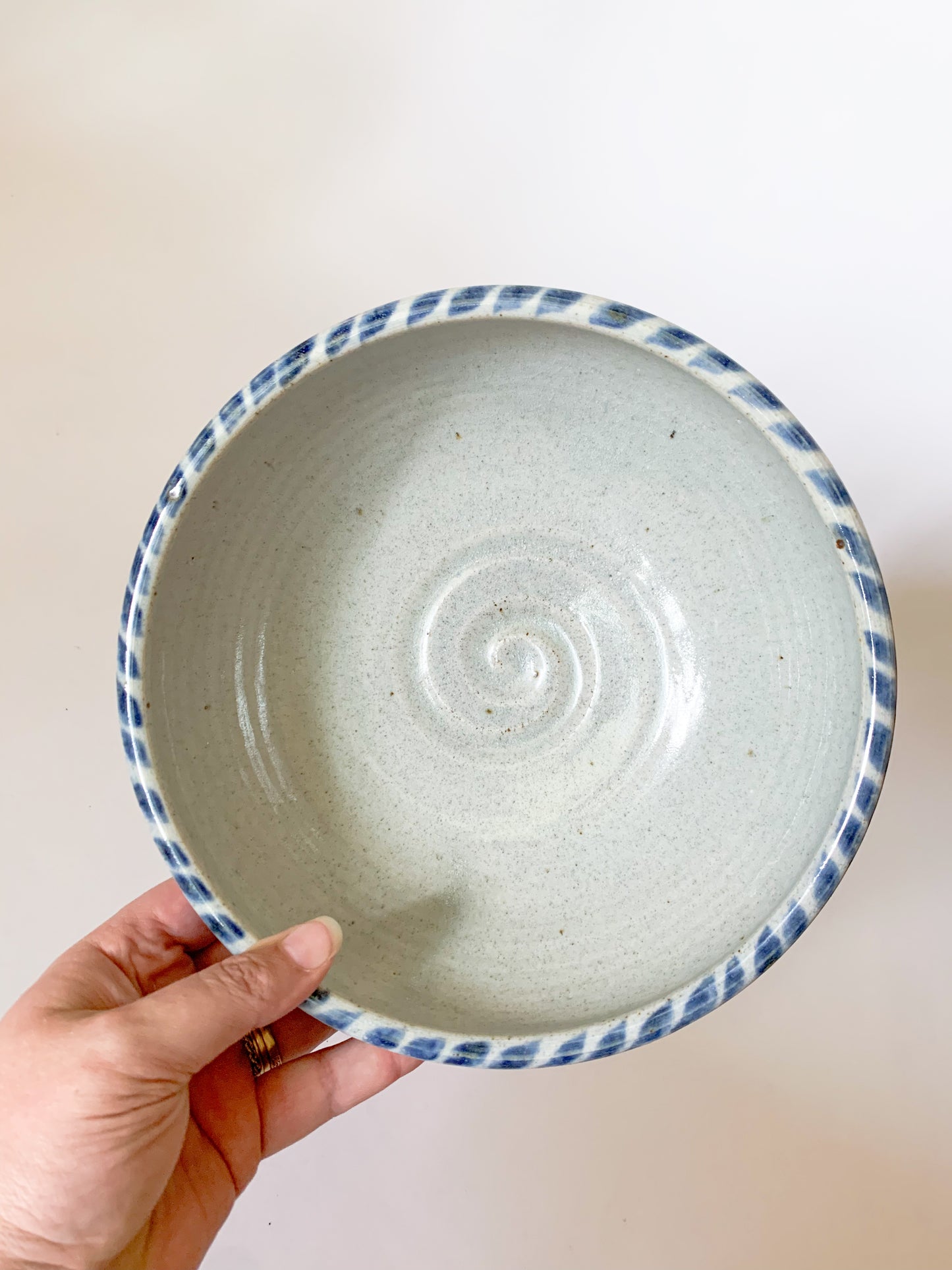 Studio Pottery Bowl with blue dash design on rim