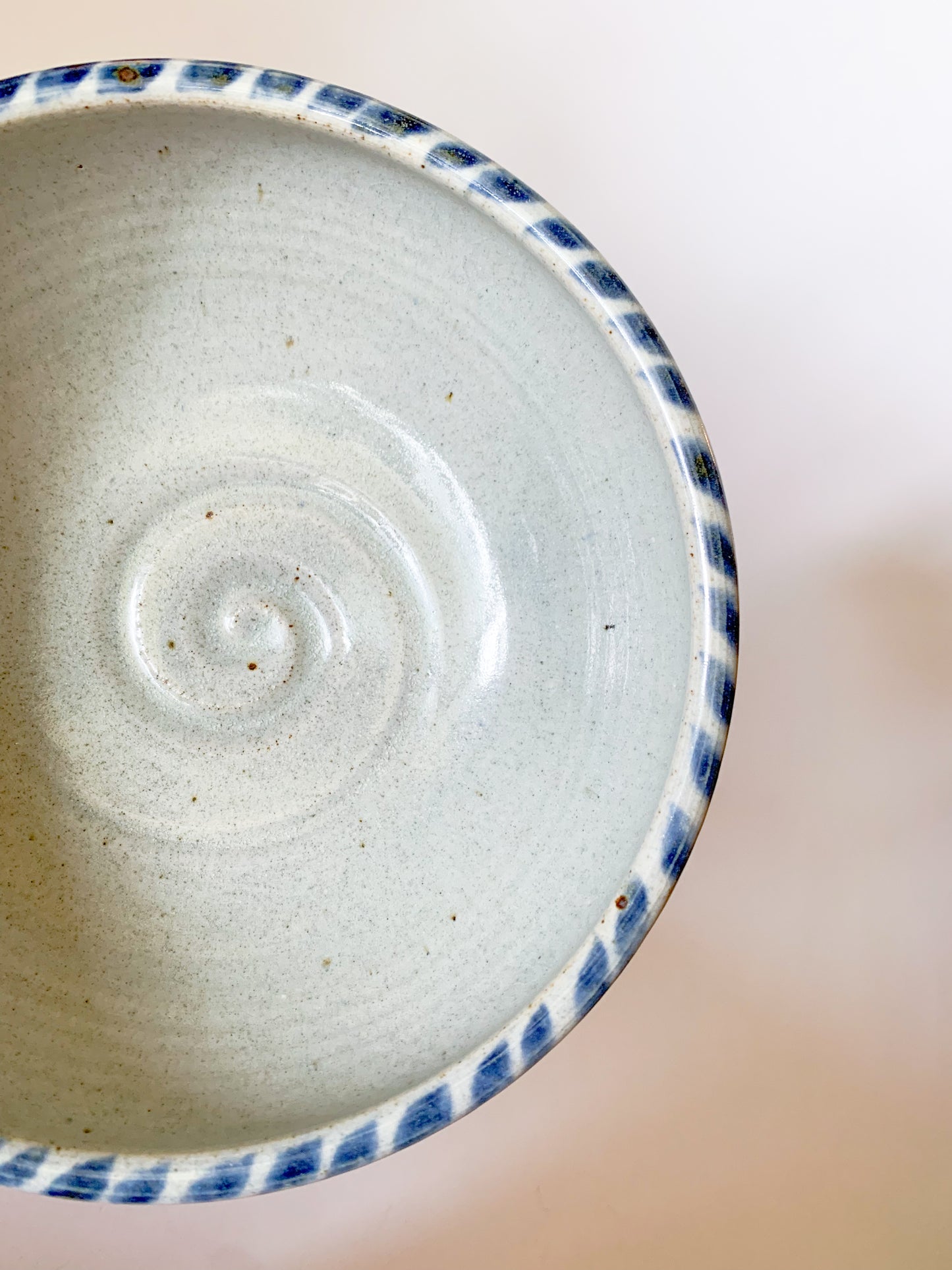 Studio Pottery Bowl with blue dash design on rim