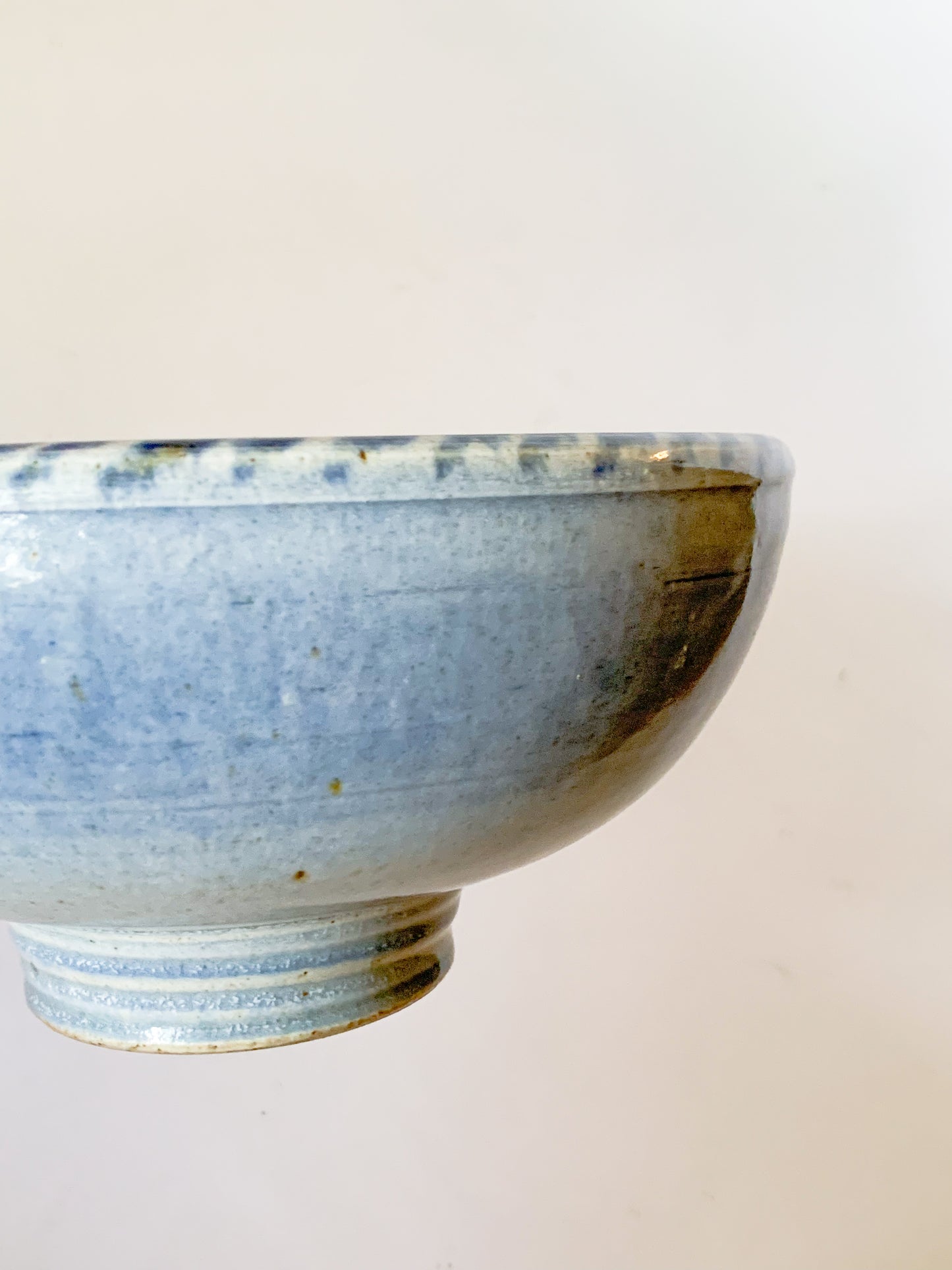 Studio Pottery Bowl with blue dash design on rim