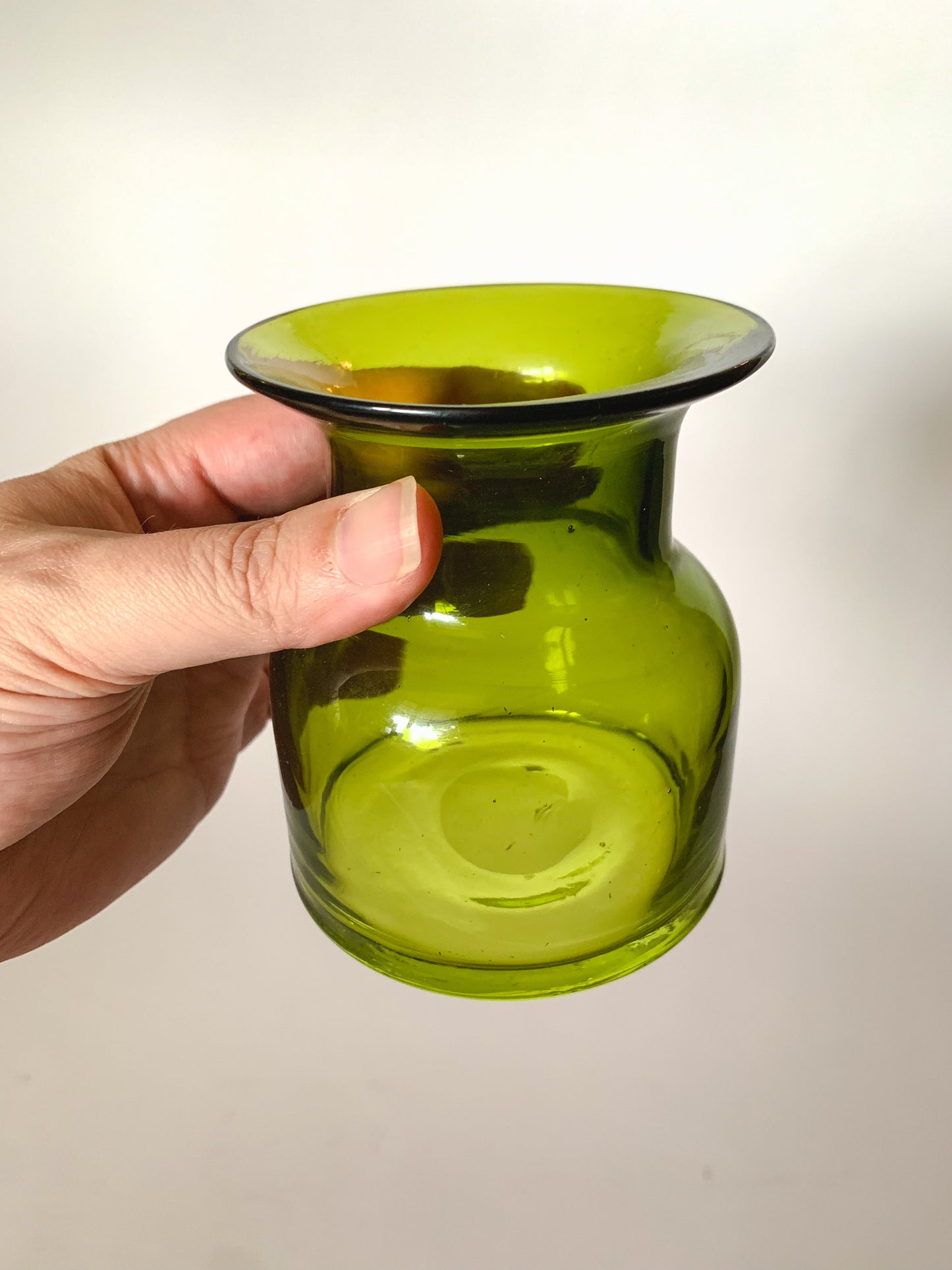 Mid-Century Hand Blown Olive Green Glass Vase